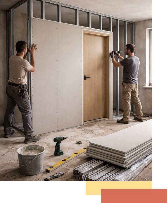 Перегородка из гипсокартона с дверью под ключ в Курчатове