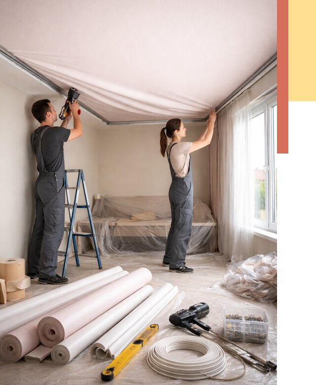 Монтаж цветного натяжного потолка в Курчатове от 4279 руб/м² — быстро и недорого | ОТДЕЛОЧНИК-Крч