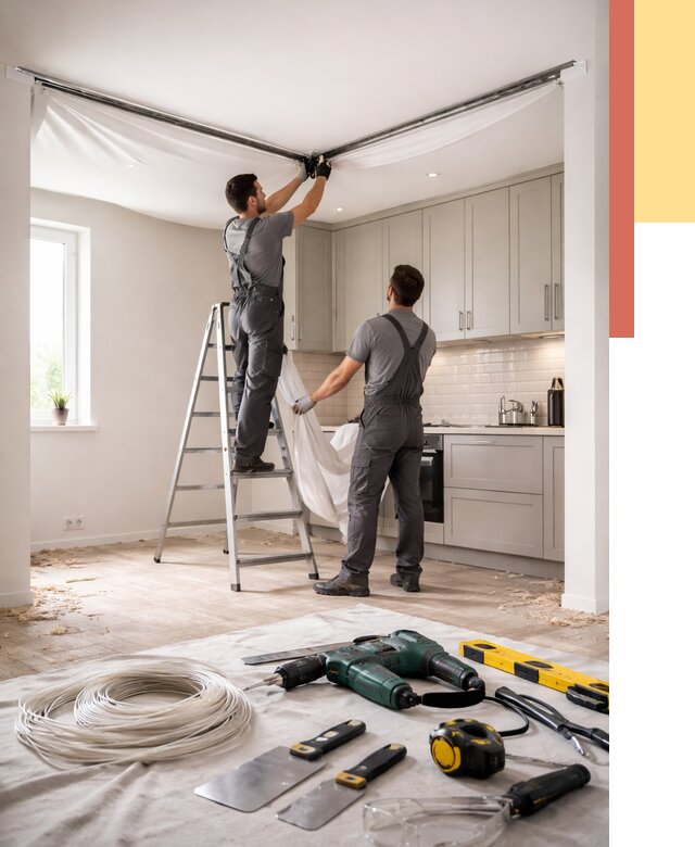 Установка натяжного потолка на кухне в Курчатове от 2445 руб. | ОТДЕЛОЧНИК-Крч