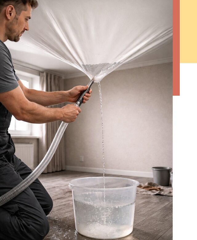 Слив воды с натяжного потолка в Курчатове от 2547 руб. быстро и недорого | ОТДЕЛОЧНИК-Крч