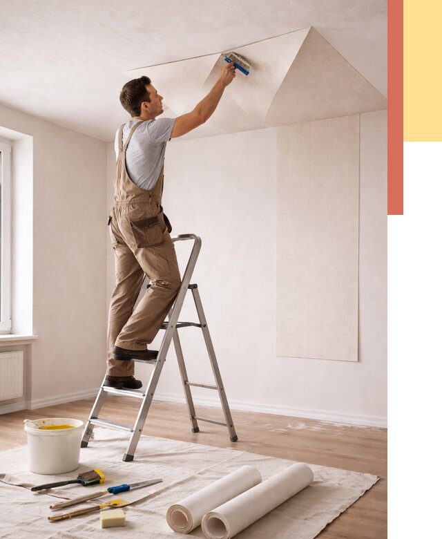 Поклейка обоев на потолок в Курчатове от 4585 руб. быстро и недорого | ОТДЕЛОЧНИК-Крч